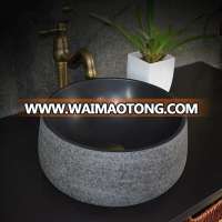 Indoor Polished Black Stone Round Bathroom Sink